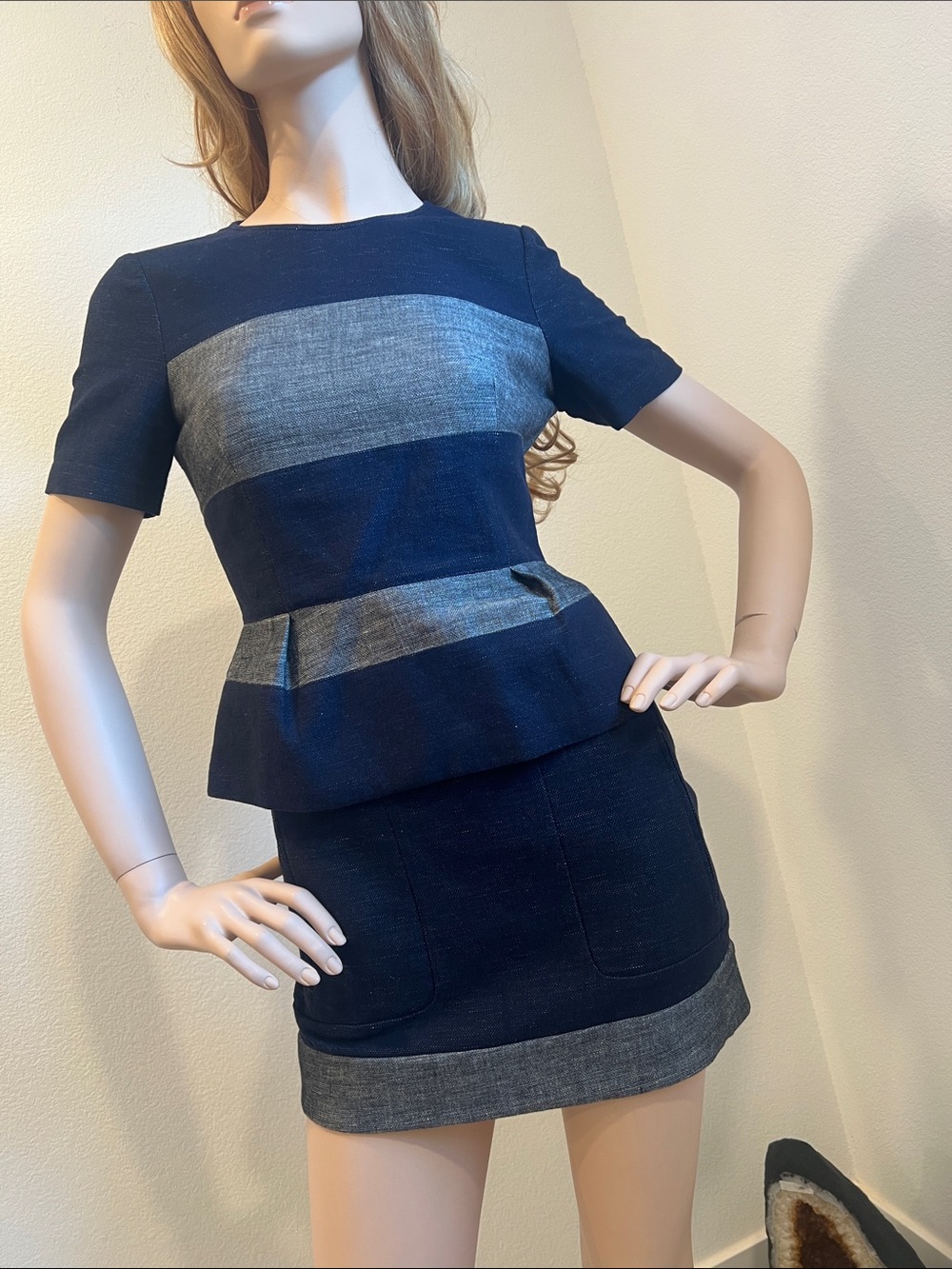 BCBGMaxAzria Navy Blue Jean Mini Skirt & Top- casual elegant fashion suit